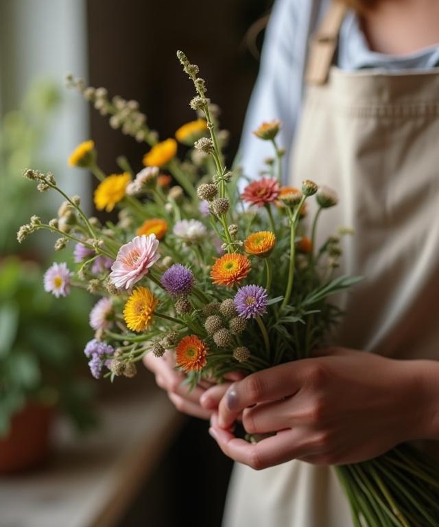 Le mani di un fiorista che compongono delicatamente un bouquet di fiori di campo.