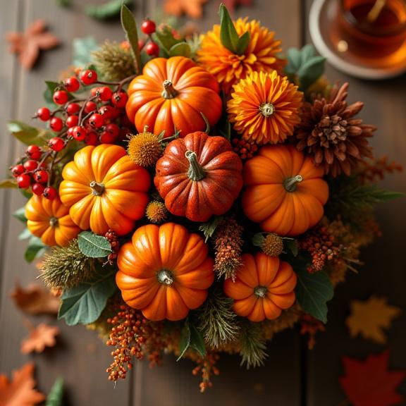 Un centrotavola con colori caldi autunnali, zucche e bacche.