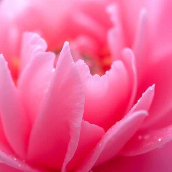 Macro fotografia di petali di peonia rosa con gocce d'acqua.