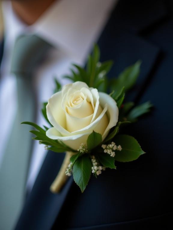 Un fiore all'occhiello per lo sposo con una rosa bianca e verde.