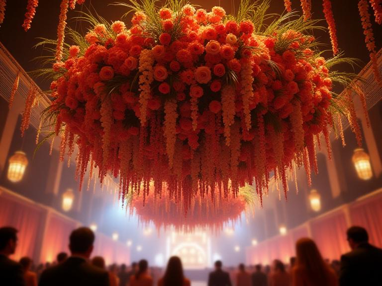 Una grande installazione floreale sospesa sopra un'area per eventi.